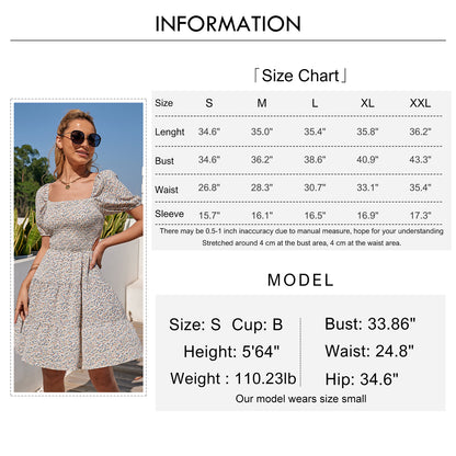 Byinns Women’s Square Neck Ruffle Mini Dress Smocked Cut Out Ditsy Floral Backless Tiered Puff Short Sleeve Dress