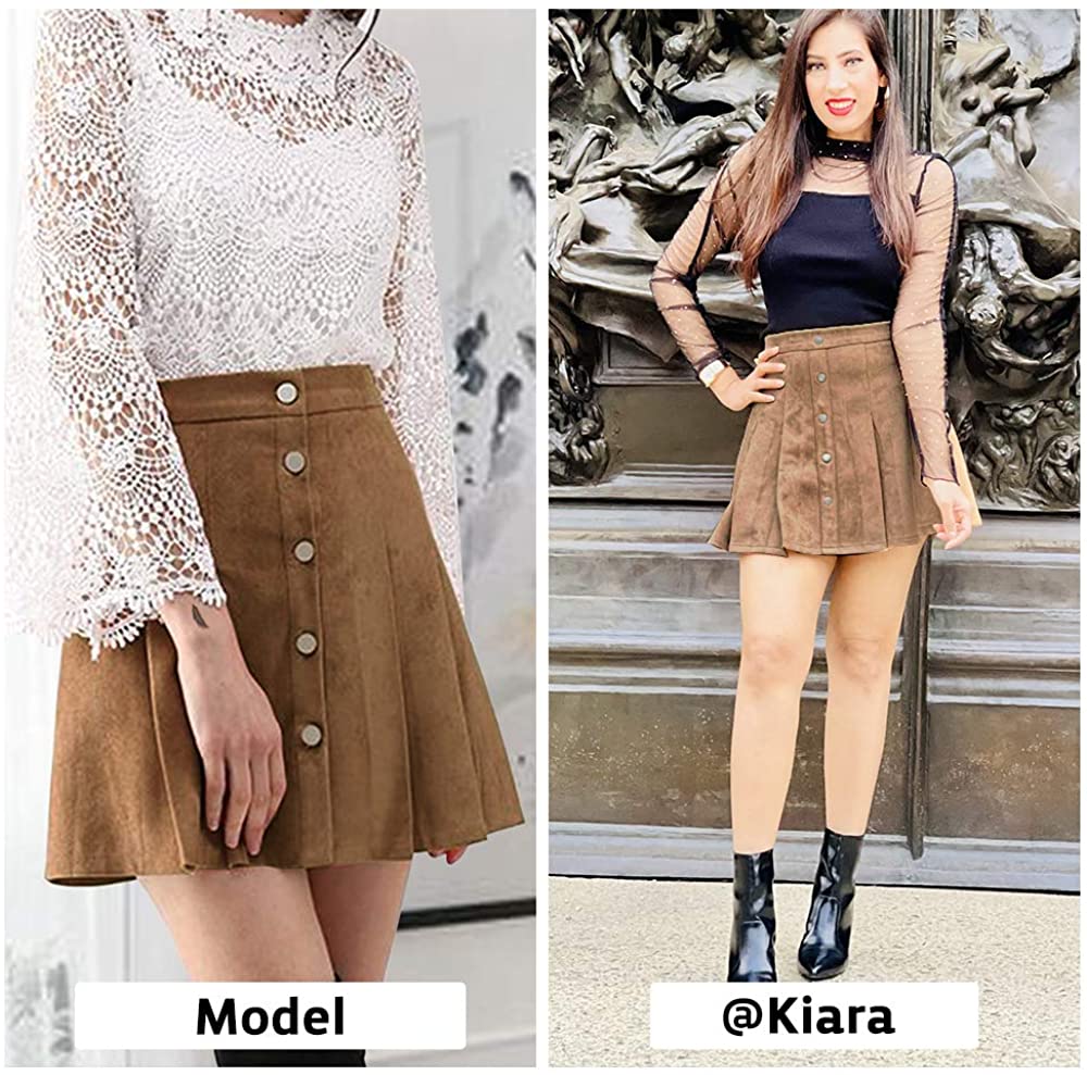Exlura Womens Faux Suede High Waist Pleated Short Skirt Elastic Button Front Skater Mini Skirt