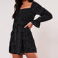Exlura Womens Square Neck Long Sleeve High Waist Smocked A Line Ruffle Swing Short Dress