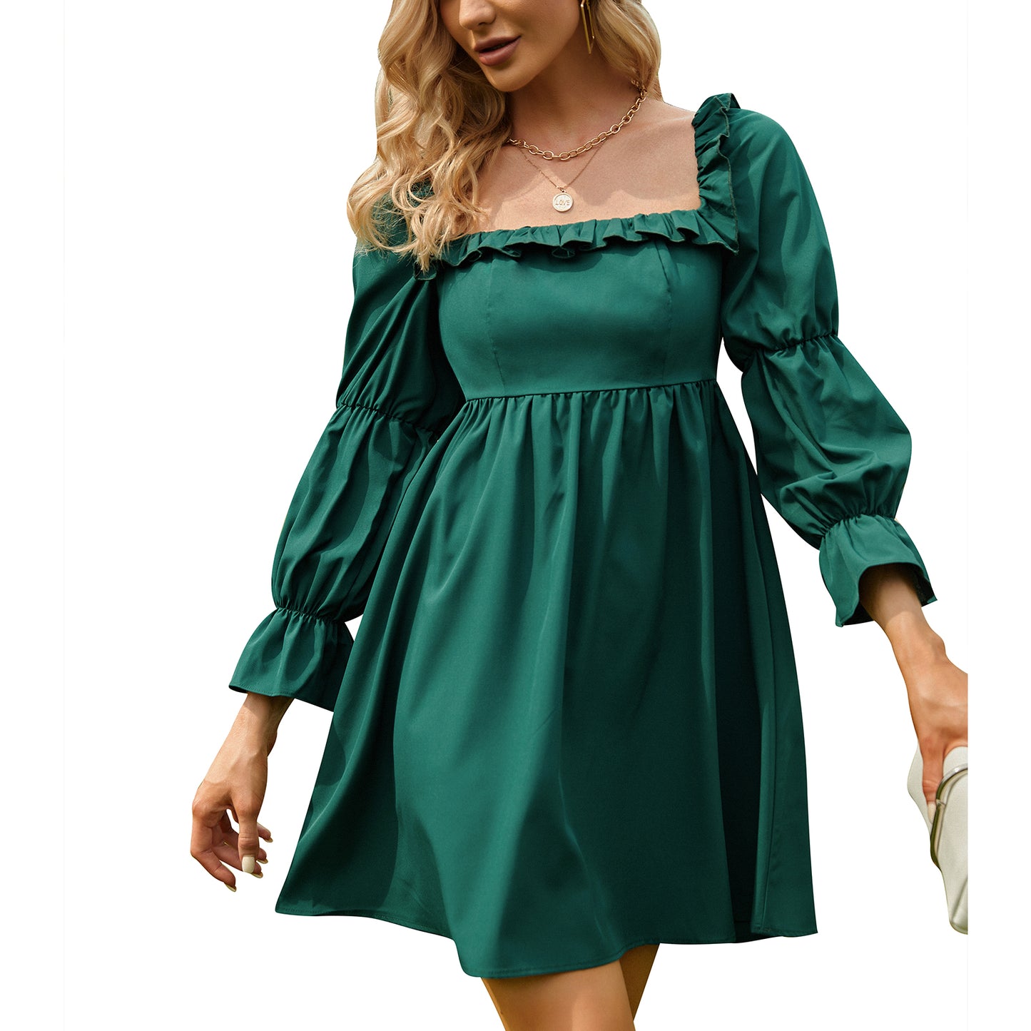 Exlura Women’s Bridal Shower Wedding Guest  Dress Square Neck Long Sleeve Ruffle Dress Backless Tie Back Swing Dress Mini Short Dresses
