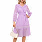 EXLURA Women’s Belted Swiss Dot V Neck Midi Dress Long Puff Sleeve Ruffle Dress Lace Patchwork Wedding Guest Dress