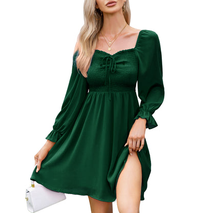 EXLURA Women’s Drawstring Mini Dress Sweetheart Neckline Smocked Flowy Dress Puff Long Sleeve Ruffle Cute Wedding Guest Dress