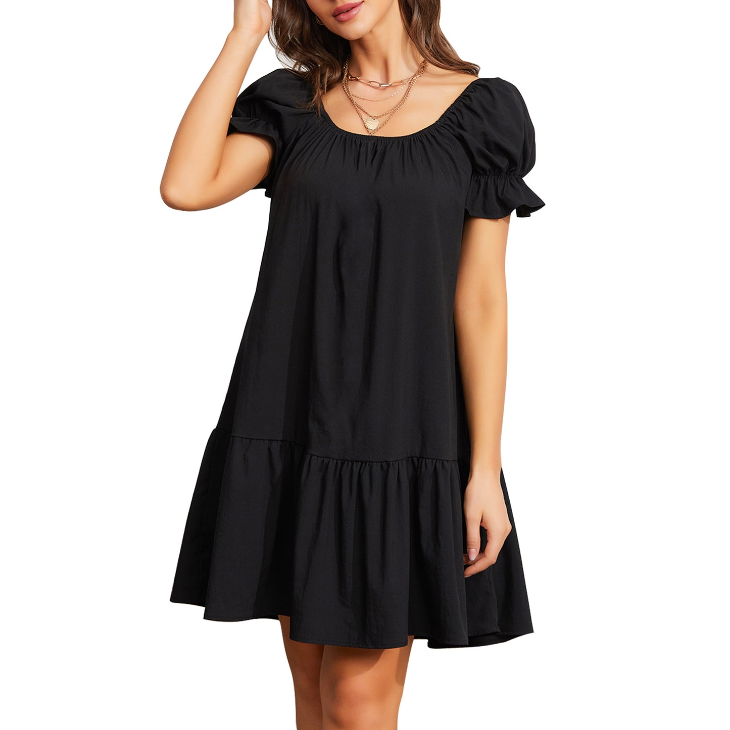 Exlura Women’s Square Neck Puff Short Sleeve Dress Off Shoulder Tiered Ruffle A-Line Babydoll Mini Party Dress