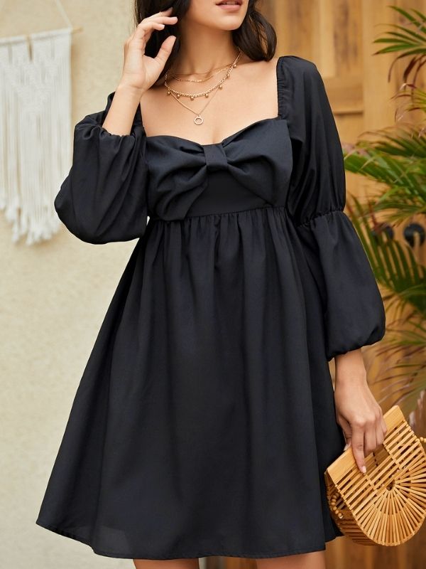 Casual Mini Dress Square Neck Bow Long Puff Sleeve Dress Empire Waist Boho Wedding Guest Dress