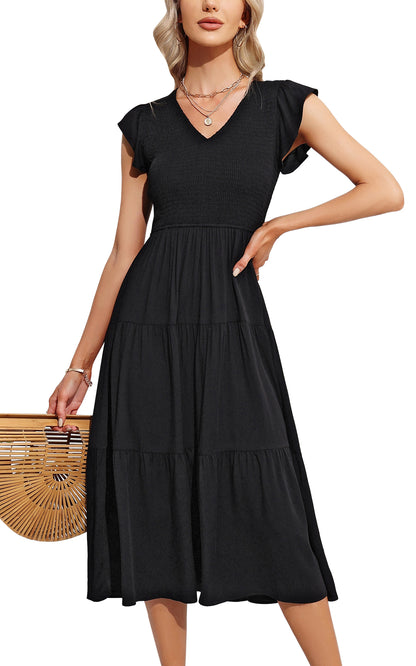 EXLURA Women's Summer Flowy Midi Dress - V Neck Smocked Ruffle Flutter Short Sleeve Boho Wedding Guest Dress