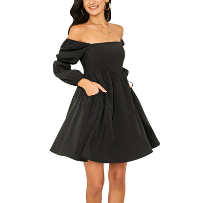 Exlura Women’s Casual Mini Dress with Pockets Square Neck Long Puff Sleeve Dress Empire Waist Boho Wedding Guest Dress