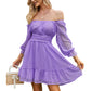 Exlura Women’s Swiss Dot Flowy Mini Dress Square Neck Long Lantern Sleeve Ruffle Dress Casual Cottagecore Boho Dress