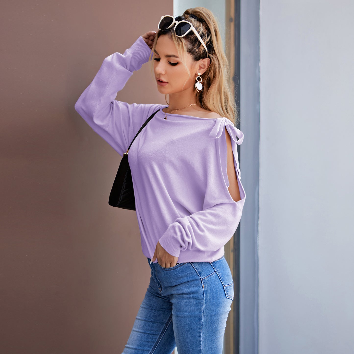 Tie Knot One Shoulder Blouse Batwing Sleeve Elegant Loose Fit Tops