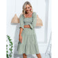 EXLURA Women's Back Tie Knot Square Neck Smocked Bust Puff Elbow Sleeve Ruffle Plaid Tiered Midi Dress