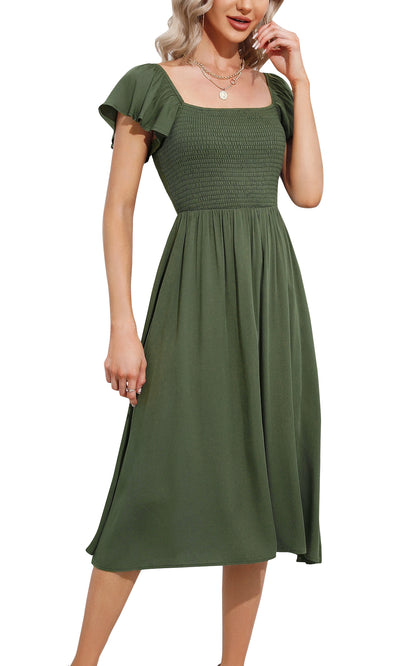 EXLURA Women's Summer Flowy Midi Dress - Square Neck Smocked Ruffle Short Sleeve Off The Shoulder Wedding Guest Dress