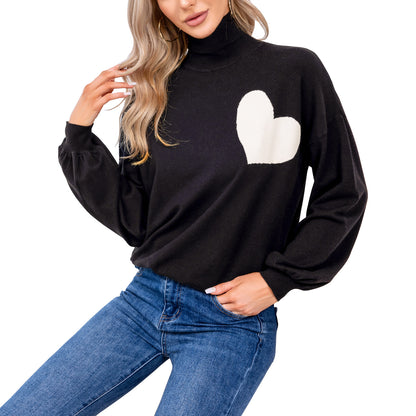 EXLURA Women’s Heart Chunky Pullover Sweater Turtleneck Knit Long Puff Sleeve Jumpers Tops Casual Trendy