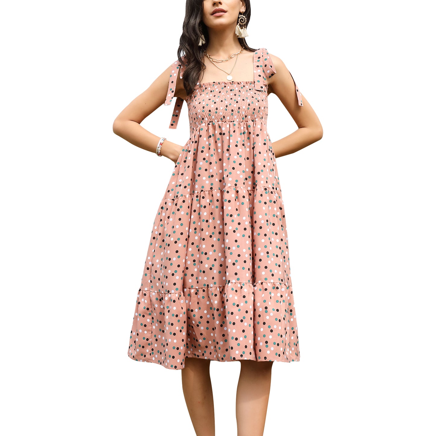 Exlura Women’s Polka Dot Vintage Boho Dress Square neck Smocked Tiered Tie Shoulder Sleeveless Strappy Floral Maxi Dress