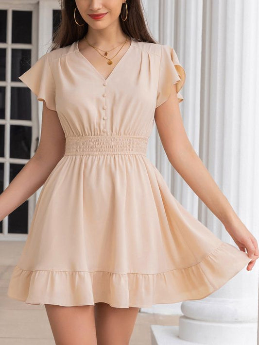 V-Neck Short Sleeve Button Down Ruffle A-Line Dress