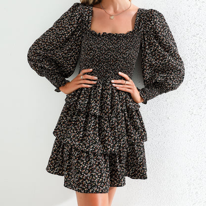 Square Neck Tie Back Bishop Sleeve Layered Flowy Swing Mini Dress