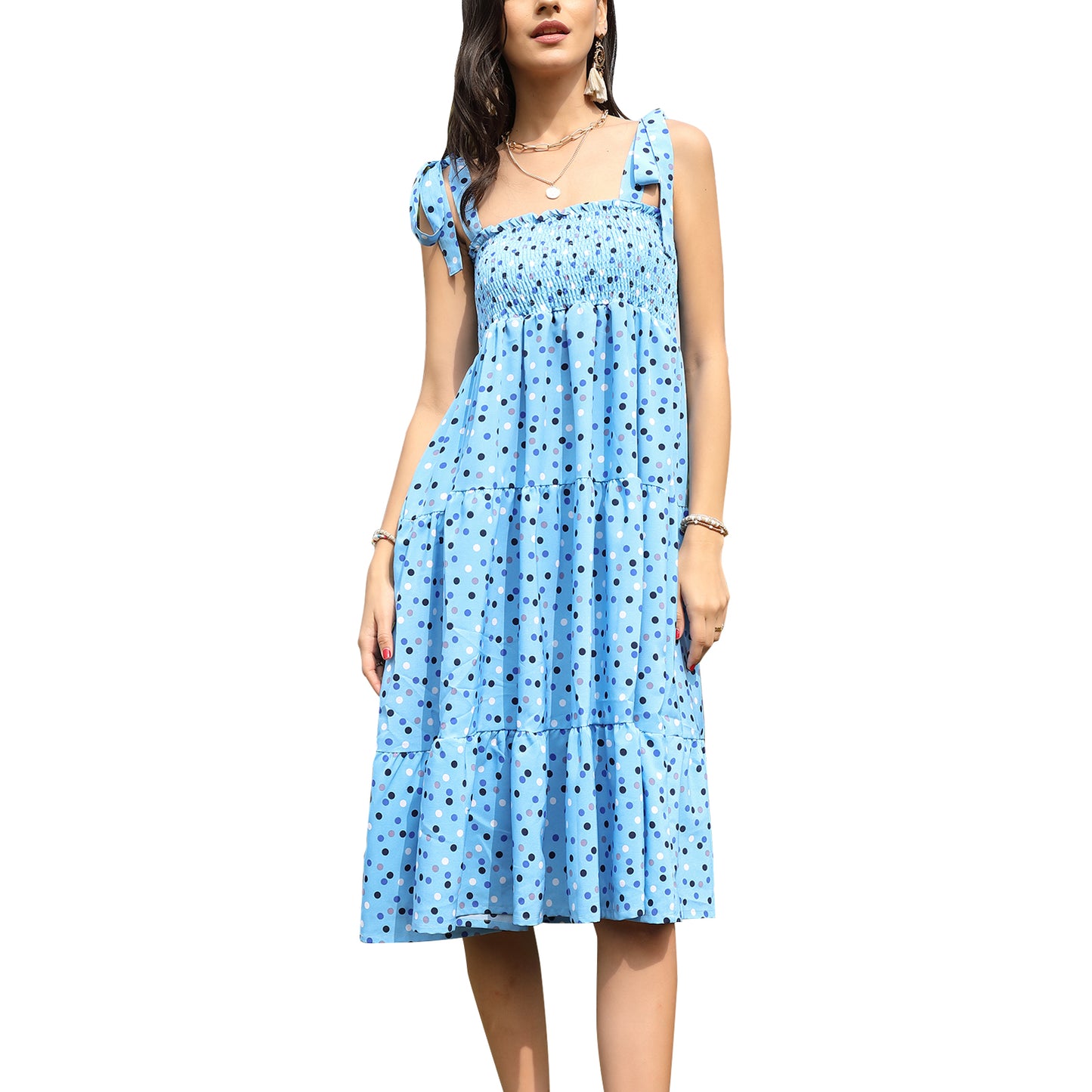 Exlura Women’s Polka Dot Vintage Boho Dress Square neck Smocked Tiered Tie Shoulder Sleeveless Strappy Floral Maxi Dress