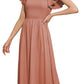 EXLURA Women's Summer Flowy Midi Dress - Square Neck Smocked Ruffle Short Sleeve Off The Shoulder Wedding Guest Dress