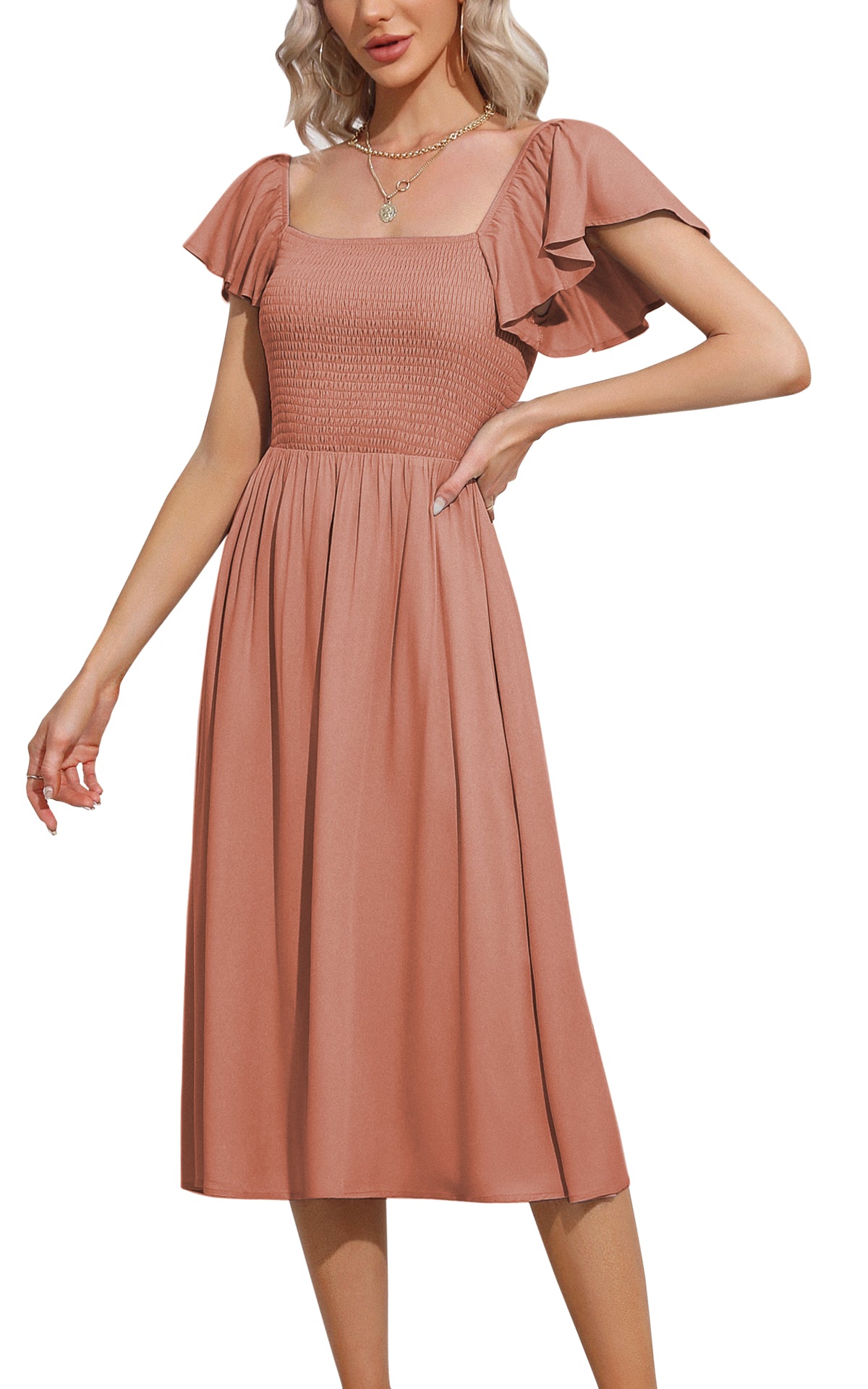 EXLURA Women's Summer Flowy Midi Dress - Square Neck Smocked Ruffle Short Sleeve Off The Shoulder Wedding Guest Dress
