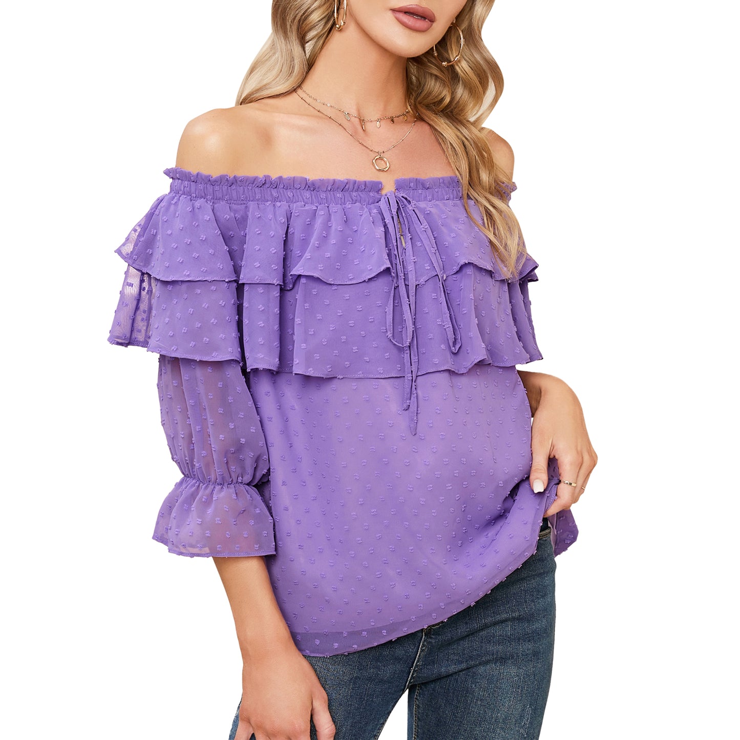 EXLURA Women’s Off The Shoulder Layered Ruffle Tops Swiss Dot Long Puff Sleeve Blouses Shirts Flowy Party Dressy Tops