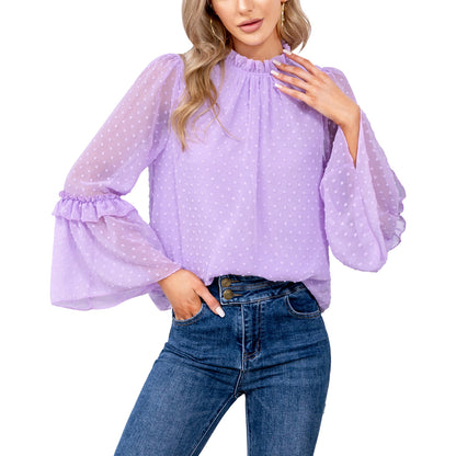 EXLURA Women’s Swiss Dot Long Bell Sleeve Tops Shirts Ruffle Mock Neck Blouses Flowy Chiffon Dressy Tops