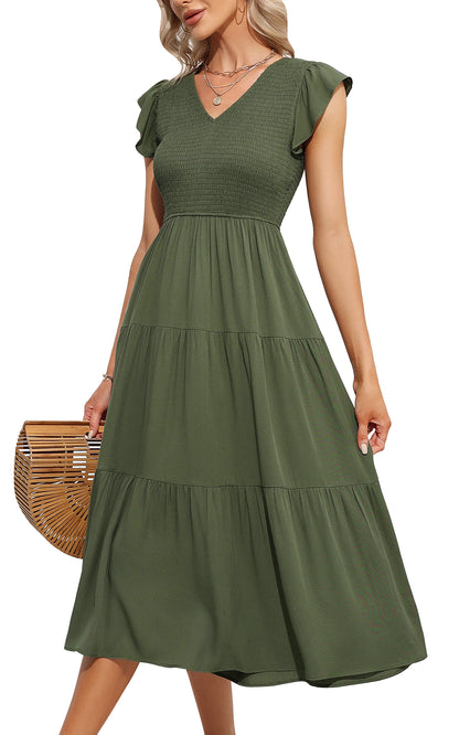 EXLURA Women's Summer Flowy Midi Dress - V Neck Smocked Ruffle Flutter Short Sleeve Boho Wedding Guest Dress