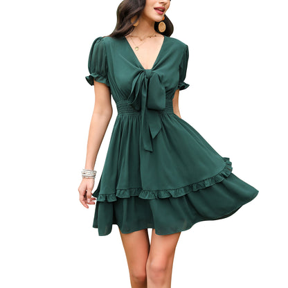 Exlura Women’s V Neck Summer Ruffle Dress Sundress Tiered Smocked Tie Front Short Puff Sleeve Swing Mini Dress