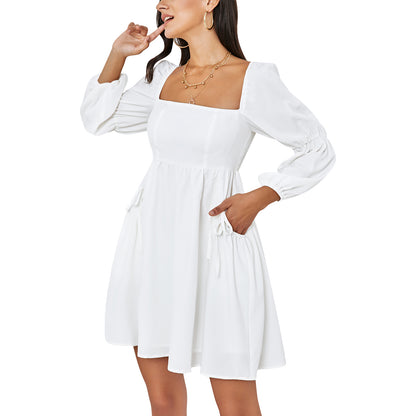 Exlura Women’s Casual Mini Dress with Pockets Square Neck Long Puff Sleeve Dress Empire Waist Boho Wedding Guest Dress