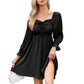 EXLURA Women’s Drawstring Mini Dress Sweetheart Neckline Smocked Flowy Dress Puff Long Sleeve Ruffle Cute Wedding Guest Dress