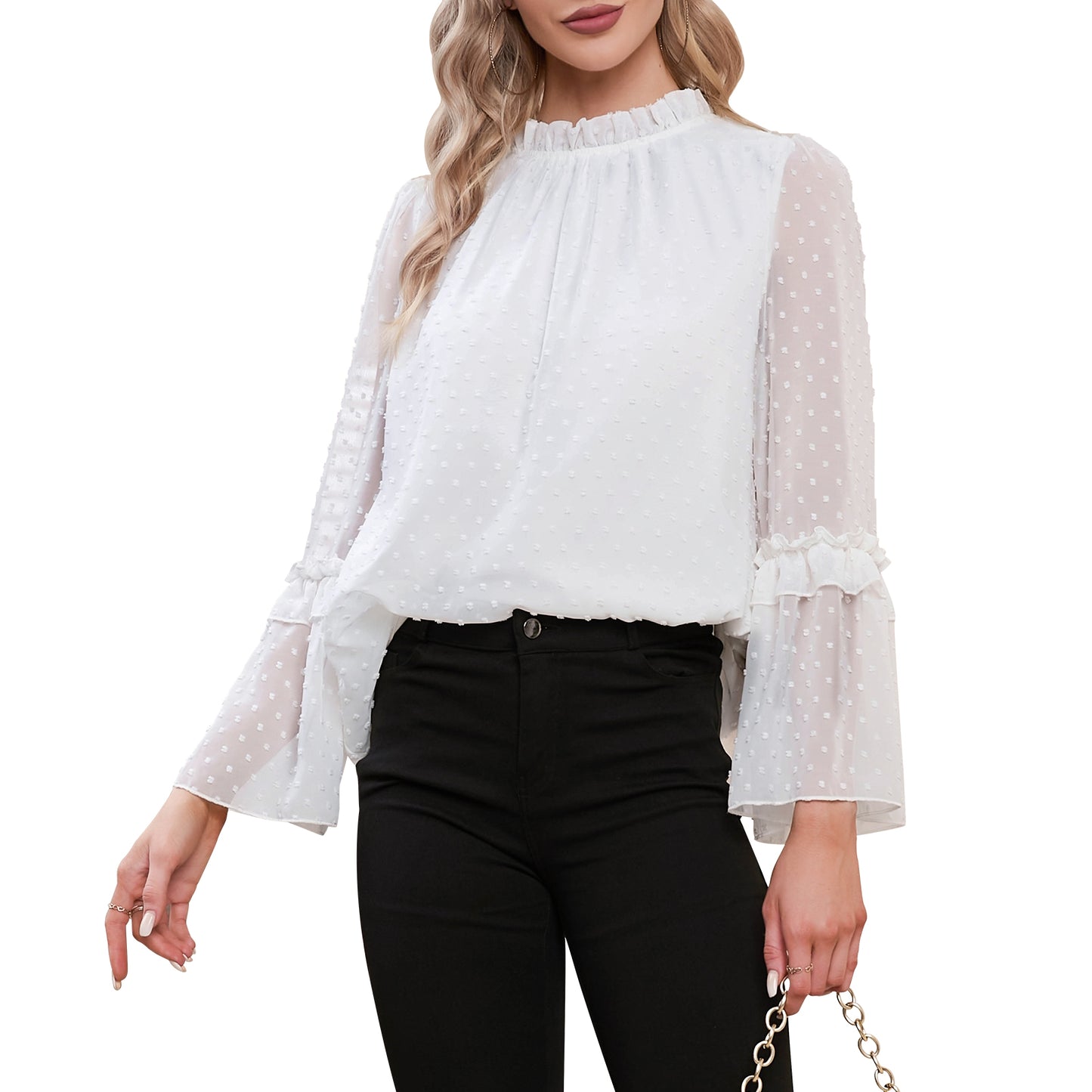 EXLURA Women’s Swiss Dot Long Bell Sleeve Tops Shirts Ruffle Mock Neck Blouses Flowy Chiffon Dressy Tops