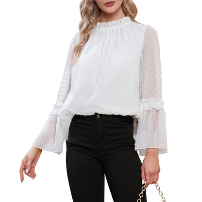 EXLURA Women’s Swiss Dot Long Bell Sleeve Tops Shirts Ruffle Mock Neck Blouses Flowy Chiffon Dressy Tops
