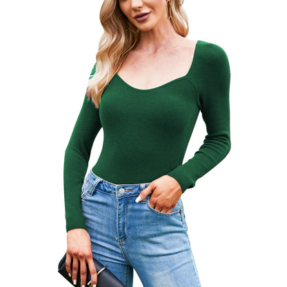 Exlura Women's Square Neck Ribbed Knitted Crop Sweater Long Sleeve Slim Fit Pullover Tops