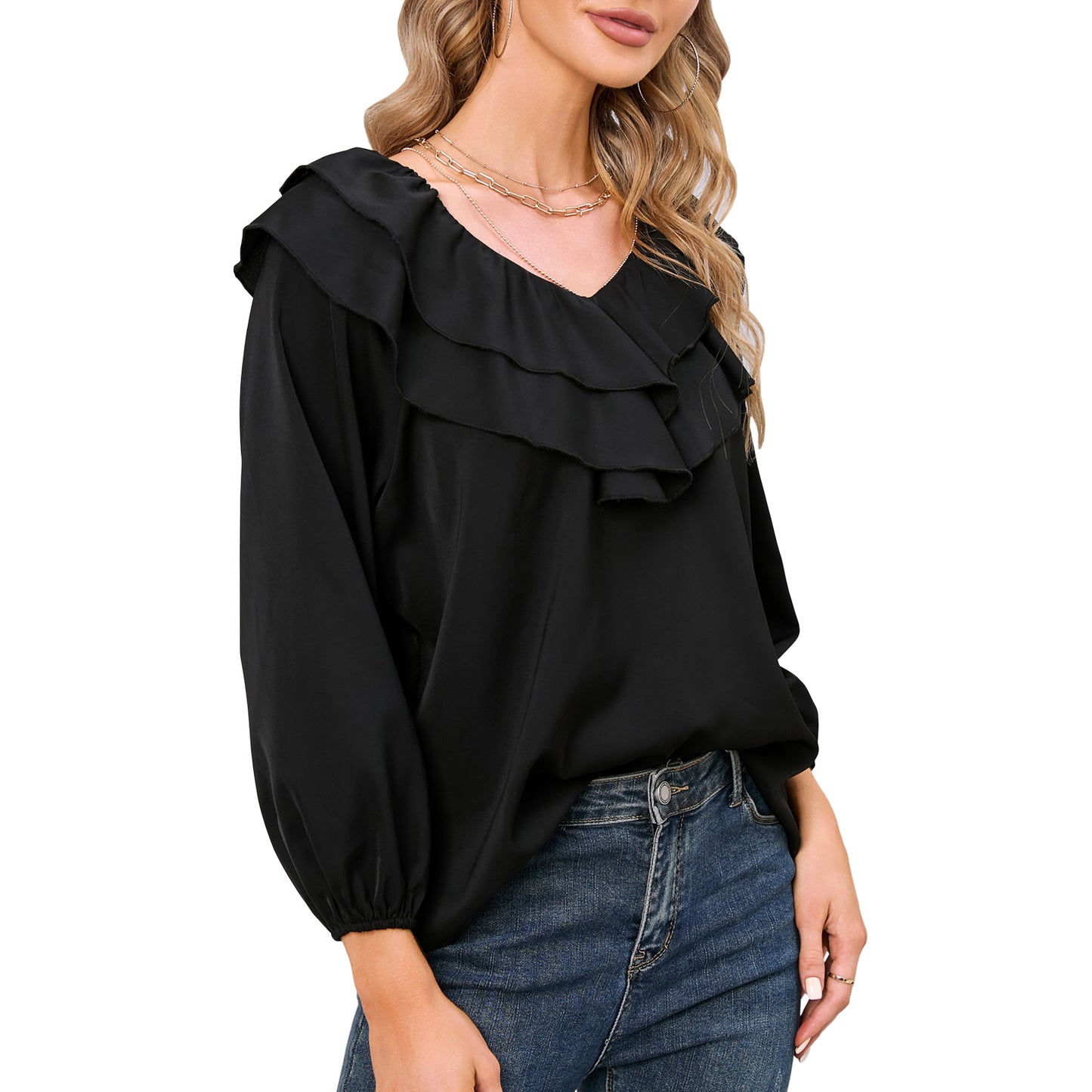 EXLURA Women’s Layered Ruffle Flowy Tops V Neck Long Puff Sleeve Blouses Shirts Casual Dressy Tops