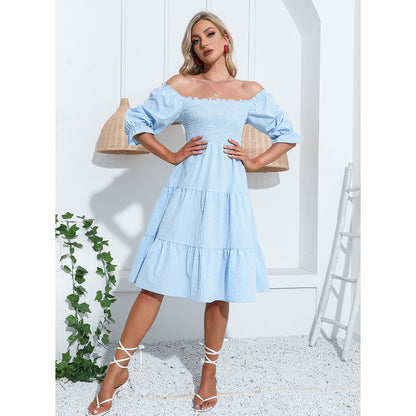 EXLURA Women's Back Tie Knot Square Neck Smocked Bust Puff Elbow Sleeve Ruffle Plaid Tiered Midi Dress