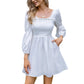 EXLURA Women’s Long Puff Sleeve Dress with Pockets Smocked Ruffle Square Neck Mini Dress Babydoll Vintage Cocktail Party Dress
