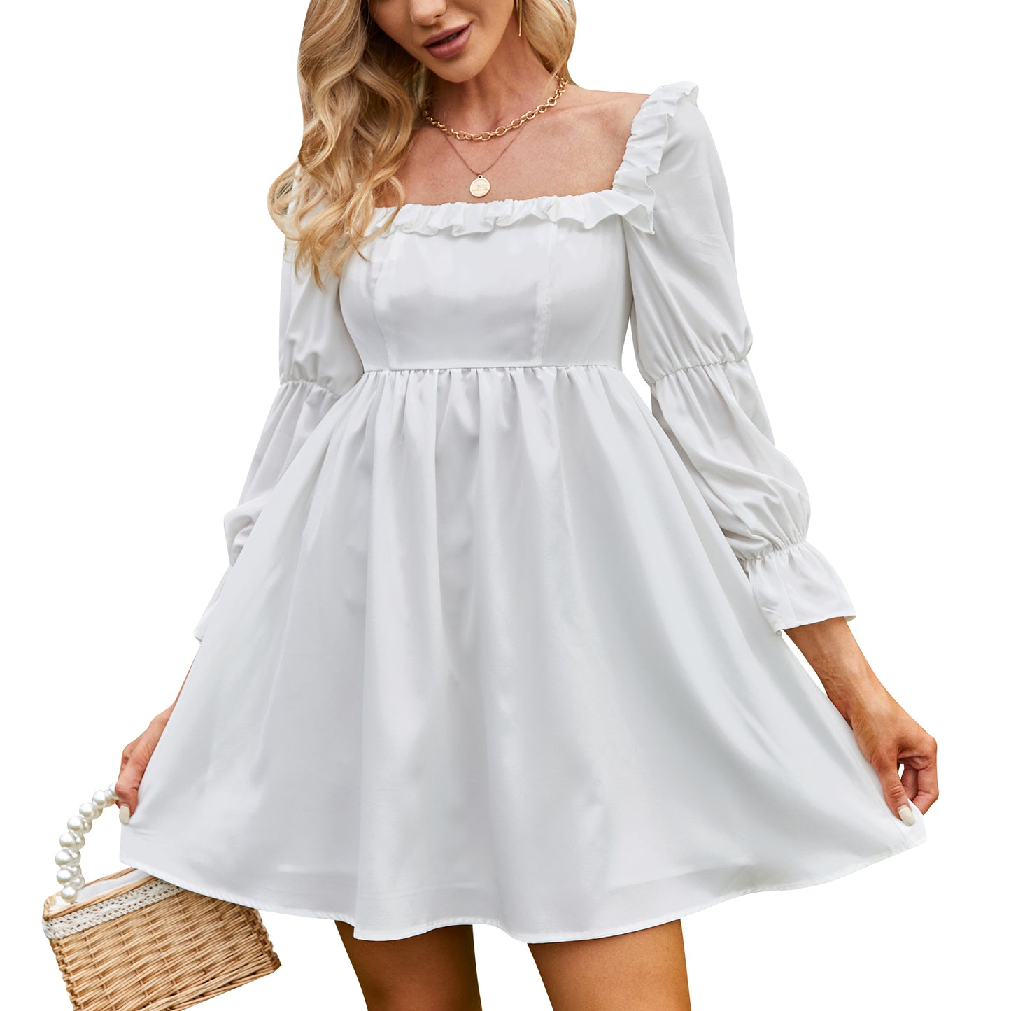 Exlura Women’s Bridal Shower Wedding Guest  Dress Square Neck Long Sleeve Ruffle Dress Backless Tie Back Swing Dress Mini Short Dresses