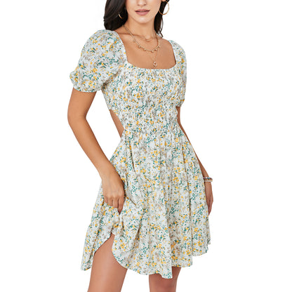 Byinns Women’s Square Neck Ruffle Mini Dress Smocked Cut Out Ditsy Floral Backless Tiered Puff Short Sleeve Dress