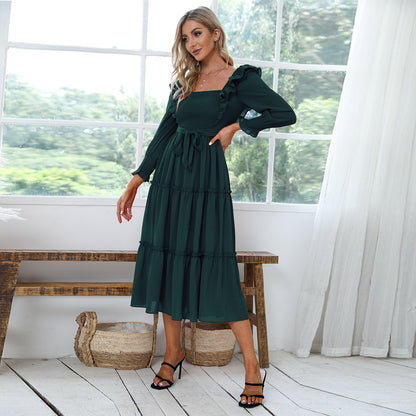 Byinns Womens Long Sleeves Smocked Waist Maxi Dress Elegant Ruffle Square Neck Dresses