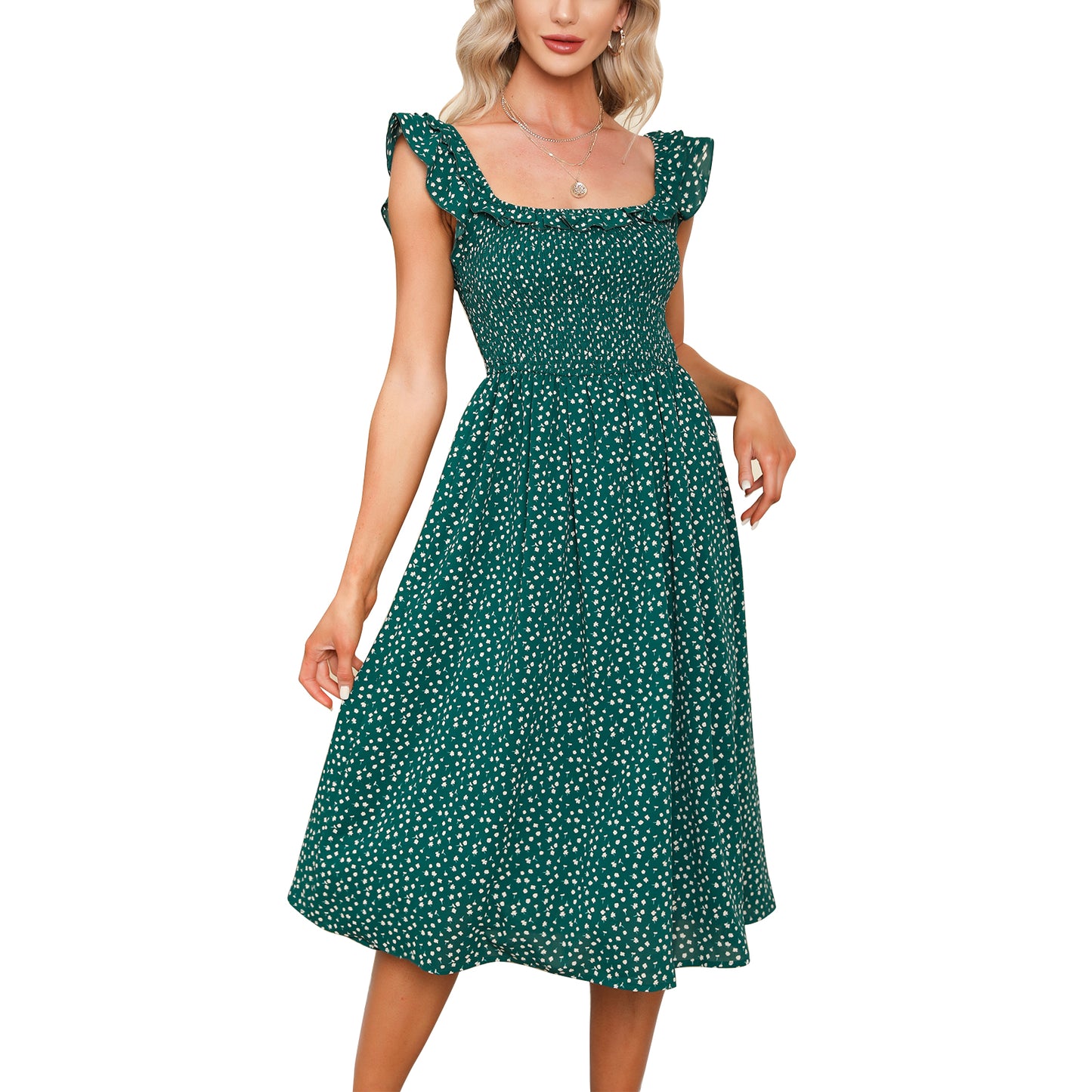 EXLURA Women's Sleeveless Dress Square Neck Floral Print High Waist A-line Ruffle Smocked Backless Midi Dress
