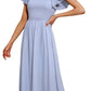 EXLURA Women's Summer Flowy Midi Dress - Square Neck Smocked Ruffle Short Sleeve Off The Shoulder Wedding Guest Dress
