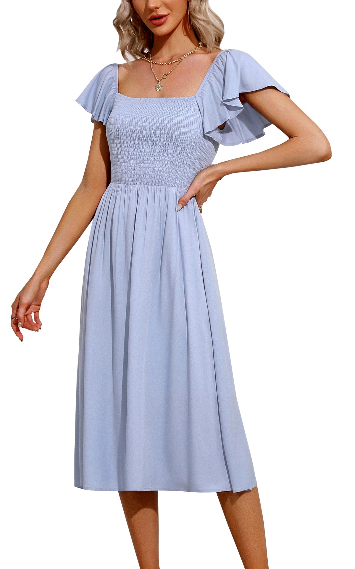 EXLURA Women's Summer Flowy Midi Dress - Square Neck Smocked Ruffle Short Sleeve Off The Shoulder Wedding Guest Dress