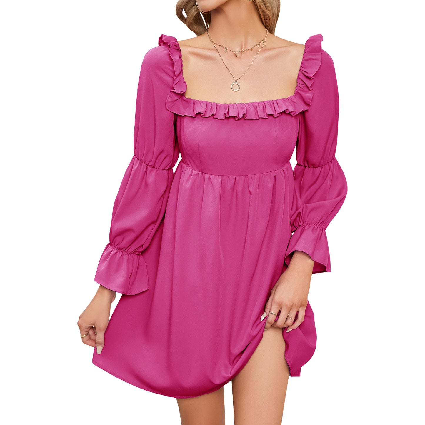 Exlura Women’s Bridal Shower Wedding Guest  Dress Square Neck Long Sleeve Ruffle Dress Backless Tie Back Swing Dress Mini Short Dresses