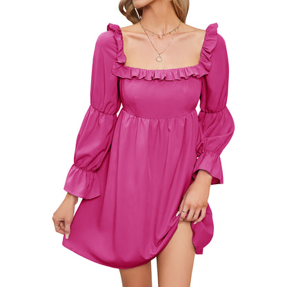 Exlura Women’s Bridal Shower Wedding Guest  Dress Square Neck Long Sleeve Ruffle Dress Backless Tie Back Swing Dress Mini Short Dresses