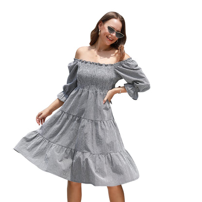 EXLURA Women's Back Tie Knot Square Neck Smocked Bust Puff Elbow Sleeve Ruffle Plaid Tiered Midi Dress