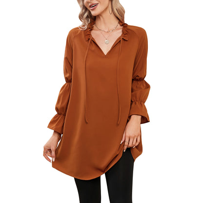 Exlura Women’s Vintage Casual Mini Dress Tie Front Ruffle Long Puff Sleeve Tunic Dress Cocktail Party Dress