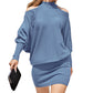 EXLURA Women's Cold Shoulder Knit Dress Mock Neck Batwing Sleeve Elegant Stretchy Mini Sweater Dress
