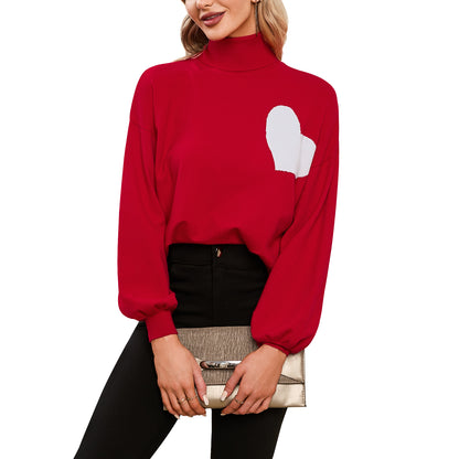 EXLURA Women’s Heart Chunky Pullover Sweater Turtleneck Knit Long Puff Sleeve Jumpers Tops Casual Trendy