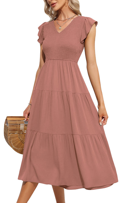 EXLURA Women's Summer Flowy Midi Dress - V Neck Smocked Ruffle Flutter Short Sleeve Boho Wedding Guest Dress