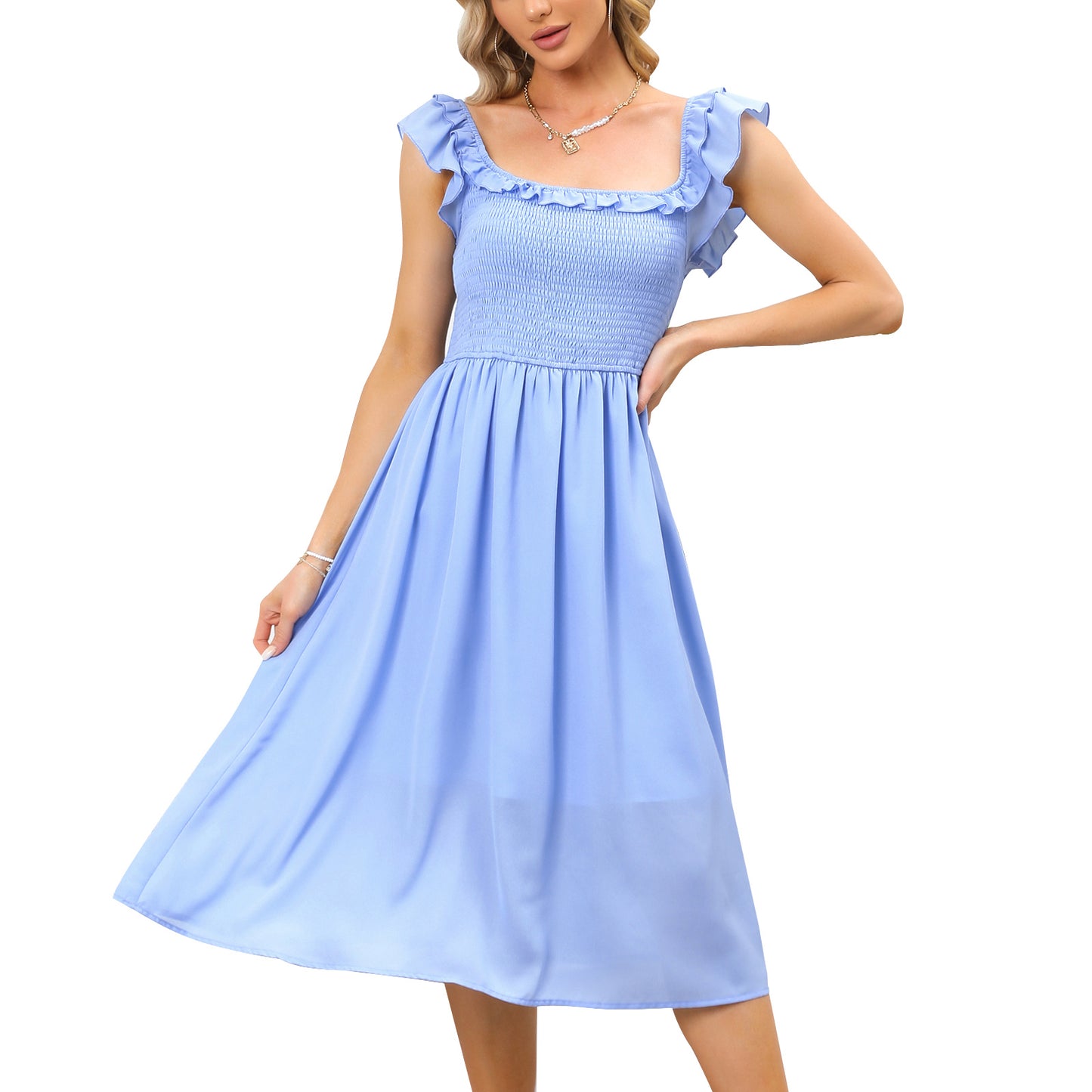 EXLURA Women's Sleeveless Dress Square Neck Floral Print High Waist A-line Ruffle Smocked Backless Midi Dress