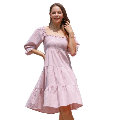 EXLURA Women's Back Tie Knot Square Neck Smocked Bust Puff Elbow Sleeve Ruffle Plaid Tiered Midi Dress