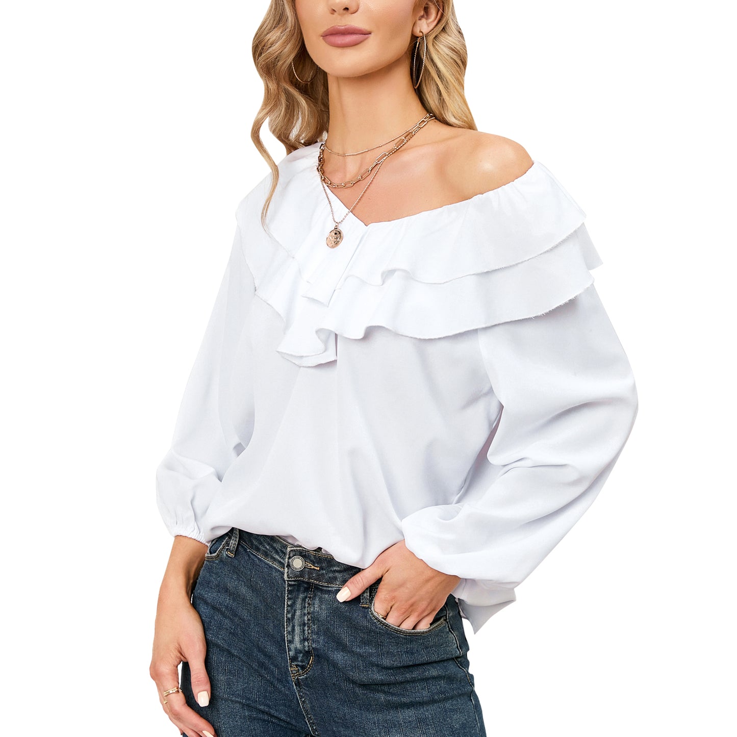 EXLURA Women’s Layered Ruffle Flowy Tops V Neck Long Puff Sleeve Blouses Shirts Casual Dressy Tops