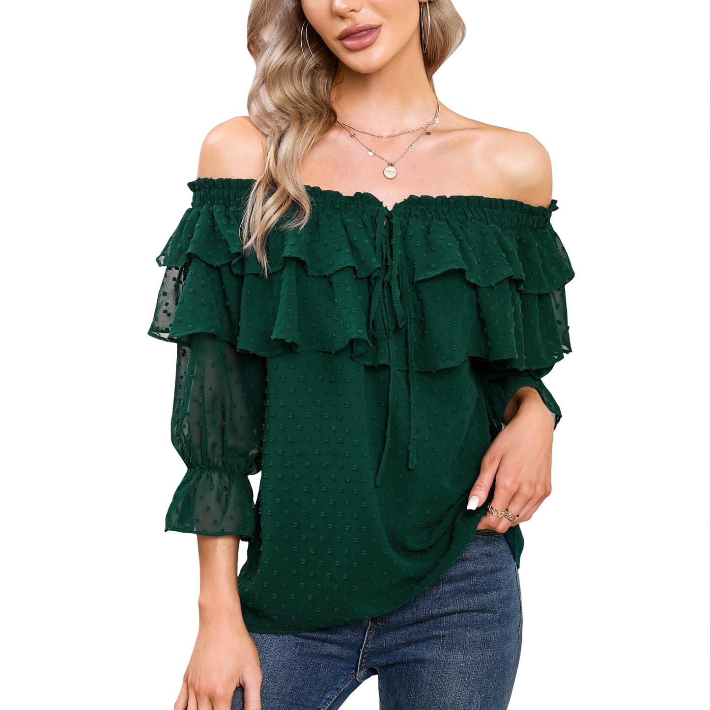 EXLURA Women’s Off The Shoulder Layered Ruffle Tops Swiss Dot Long Puff Sleeve Blouses Shirts Flowy Party Dressy Tops